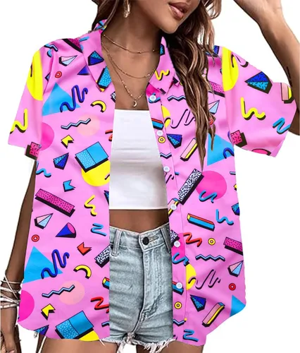 Miniatura 2 de Trajes de los años 80 y 90 para mujer, camiseta temática de fiesta de los años 80, camisas hawaianas con botones de los años 90, camisetas retro