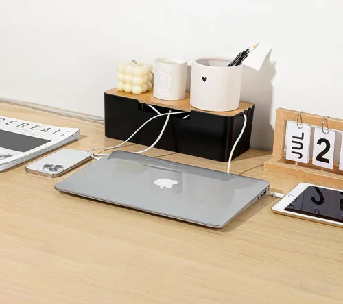 Miniatura 5 de Caja organizadora de cables ABS con tapa de madera, caja de organización de cables para regletas de alimentación o protectores de sobretensión, caja