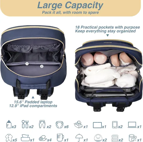 Miniatura 5 de MOMUVO Mochila para pañales, bolsa de bebé acolchada con cambiador, correas para cochecito y funda para chupete, bolsas de pañales de viaje grandes