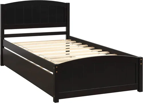 Miniatura 4 de Merax Cama de plataforma de madera tamaño individual, marco de cama con cama nido, no requiere somier, color espresso