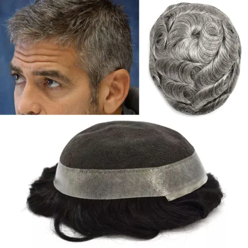 Miniatura 57 de French Lace Mens Toupee Sistema de cabello humano Toupee para hombres Pieza de cabello humano real invisible PU línea capilar natural protesis