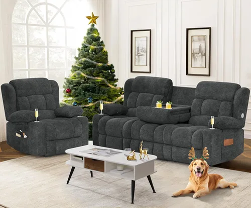 Miniatura 23 de Dresegmt - Juego de sofá reclinable con consola de almacenamiento, diseño de respaldo central abatible, sofá de piel sintética y sillón reclinable