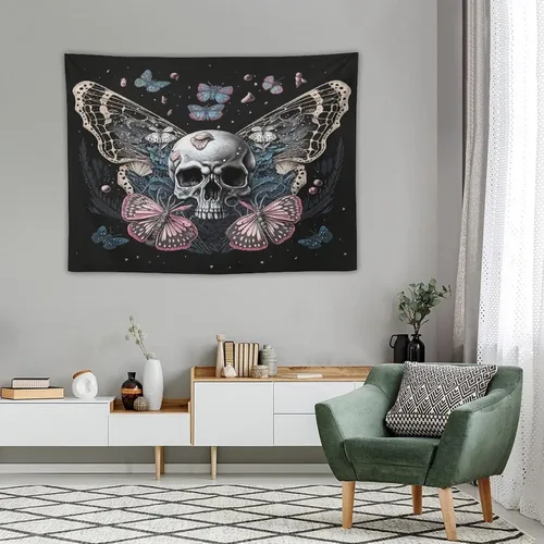 Miniatura 3 de Naykow Tapiz de calavera y mariposa, tapiz rosa trippy negro, tapiz de bruja gótica para dormitorio, decoración de habitación hippie de mariposa