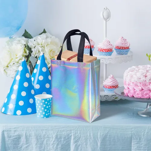 Miniatura 5 de BLEWINDZ 18 bolsas de regalo holográficas con asas y pañuelos, bolsas de regalo reutilizables iridiscentes medianas de 10.2 pulgadas para Holográfico