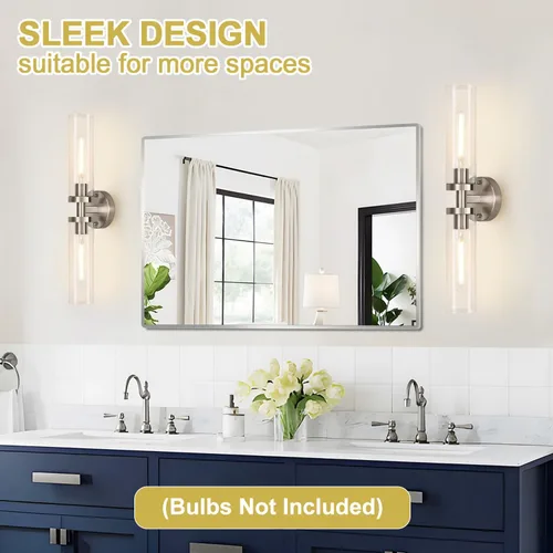 Miniatura 6 de Juego de 2 apliques de pared, apliques de baño de níquel cepillado cableados con vidrio transparente, apliques modernos para decoración de pared