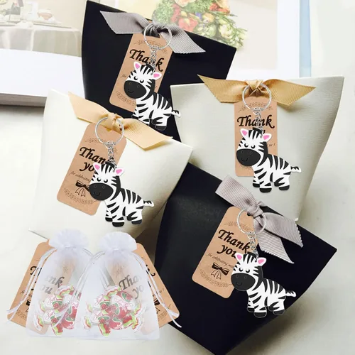 Miniatura 4 de Paquete de 60 regalos de fiesta de cebra que incluye 20 llaveros, 20 etiquetas de agradecimiento, 20 bolsas de regalo para llavero de cebra, regalo