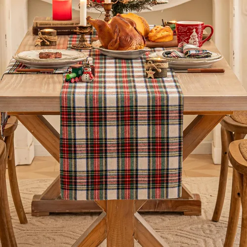 Miniatura 10 de Camino de mesa de Navidad a cuadros beige, caminos de mesa de vacaciones de invierno de 72 pulgadas de largo, decoraciones de Navidad