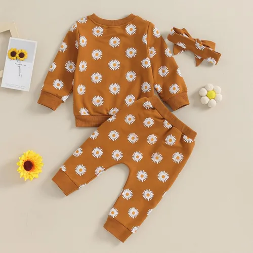 Miniatura 7 de CIYCUIT Conjunto de 3 piezas de sudadera de margaritas + pantalones + diadema, ropa infantil de otoño e invierno