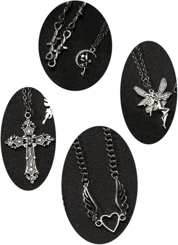 Miniatura 9 de Juego de 10 piezas de collar Y2k para mujer, accesorios góticos grunge, collares de joyería, cruz gótica, espinas de hadas, ángel gótico, corazón