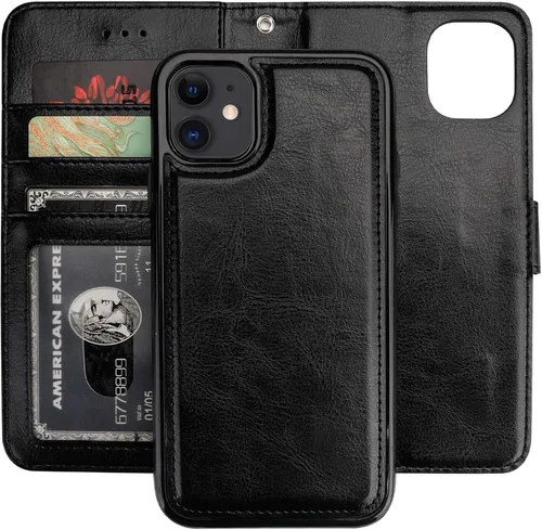 Bocasal Funda tipo cartera para iPhone 11 con tarjetero de piel sintética magnética desmontable atril a prueba de golpes correa de muñeca extraíble