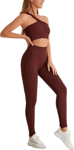Miniatura 2 de Yknktstc Conjuntos de entrenamiento para mujer, brasier deportivo acanalado sin costuras, traje de 2 piezas, cintura alta, gimnasio, yoga, leggings