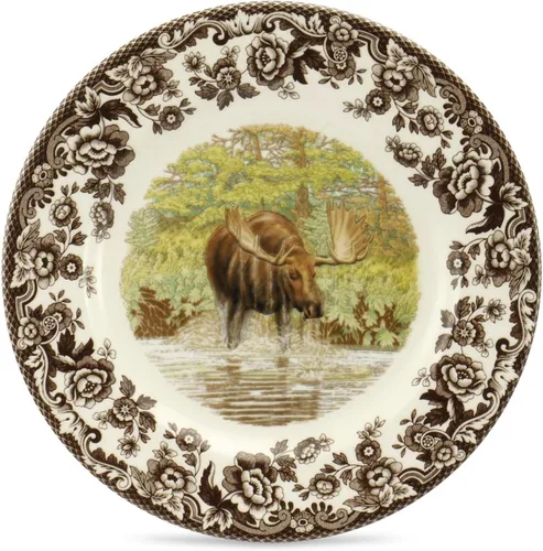 Miniatura 30 de Spode Woodland - Plato de ensalada de porcelana fina, diseño de lucioperca con borde floral marrón, vajilla clásica de campo inglés para cenas