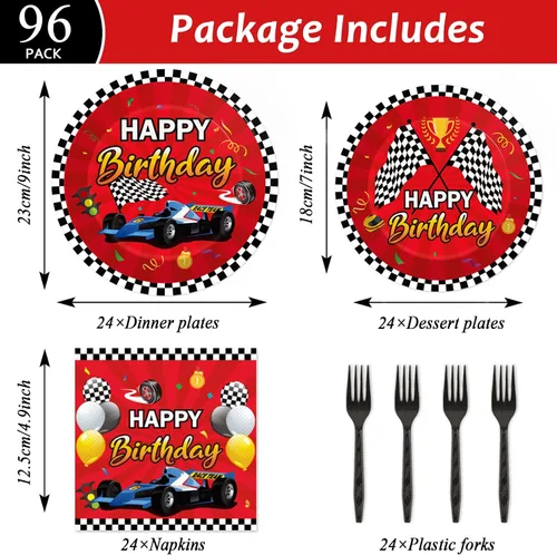 Miniatura 2 de 96 piezas de decoración temática de autos de carreras para fiesta de cumpleaños, platos y servilletas de carreras, juego de vajilla desechable