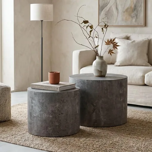 Miniatura 10 de Juego de 2 mesas auxiliares redondas, mesa auxiliar anidable y mesa auxiliar de madera con tambor circular pequeño para sala de estar, oficina, sin