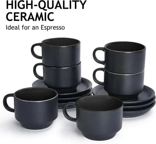 Miniatura 2 de MIAMIO - Juego de tazas de café expreso de 2.5 oz con platillos, juego de tazas de café de 6 piezas - Taza de café de cerámica apilable, taza