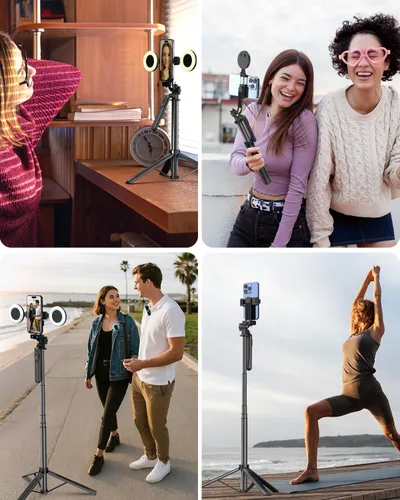 Miniatura 8 de Kit de vlogging para iPhone/Android, trípode para selfie stick de 180 cm para iPhone con luz de relleno, micrófono inalámbrico y control remoto