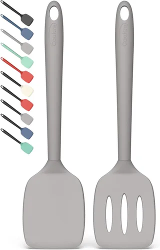 Miniatura 16 de Coukre Juego de 2 espátulas de silicona, resistentes a altas temperaturas, libres de BPA, espátulas de cocina, volteadoras sólidas y ranuradas