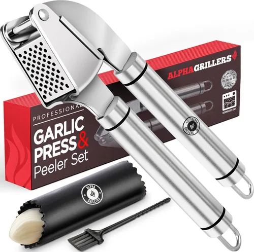 Alpha Grillers Prensa de ajo de acero inoxidable, fácil de limpiar, a prueba de óxido, apta para lavavajillas, prensa de ajo de acero inoxidable,