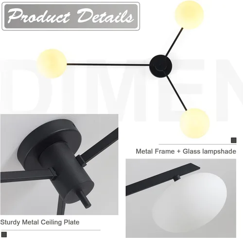 Miniatura 2 de Lámpara de araña moderna Sputnik de 3 luces con pantalla de vidrio lechoso - Lámpara de techo empotrada negra para cocina