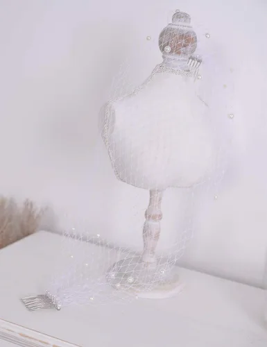 Miniatura 4 de Aimimier Velo corto nupcial con peine de perlas Velo blanco de una sola capa de jaula para bodas (blanco), Blanco