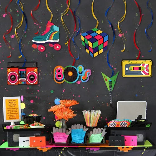 Miniatura 5 de LINGTEER Kit de decoración de fiesta de los años 80, 12 piezas retro de los años 80 para colgar en el techo, serpentinas perfectas para escenarios