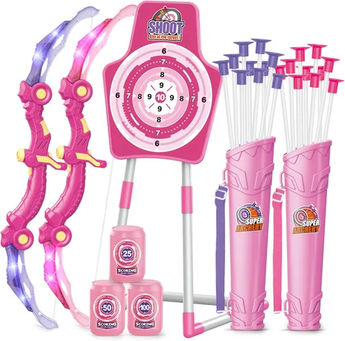 SpringFlower 2 Bow and Arrow Sets with LED Light-up,2 Foam Dart Guns for Kids 5 6 7 8 9 10+ Years Old, Archery Set with Standing Target for Boys &