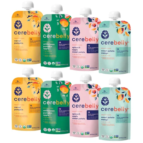 Cerebelly Paquete variado de bolsas de comida orgánica para bebés, purés de verduras y frutas, 16 nutrientes, sin azúcar añadido, fibra y sin OMG, 4
