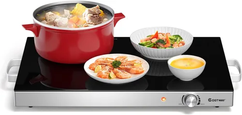 Miniatura 11 de COSTWAY Bandeja de calentamiento eléctrica con temperatura ajustable y asas integradas, calentador de alimentos con parte superior de vidrio