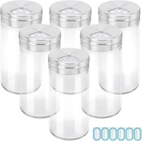 Segarty Tarros de especias con tapas cocteleras, paquete de 6 botellas de vidrio de 4 onzas con tapa de acero inoxidable, recipientes de vidrio