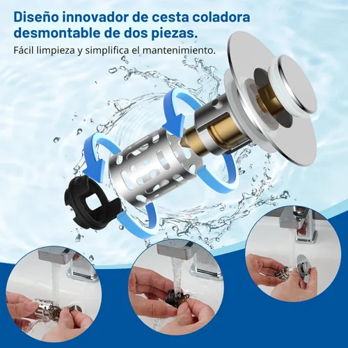 Miniatura 3 de Hibbent Colador de drenaje de lavabo de baño 3 en 1 mejorado, tapón universal desplegable con cesta de filtro de acero inoxidable extraíble atrapa