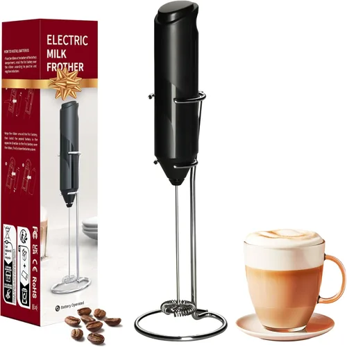 Miniatura 9 de YSSOA Espumador de leche eléctrico de mano con soporte de acero inoxidable, mezclador de bebidas batidor a pilas para café, frappé, latte, matcha