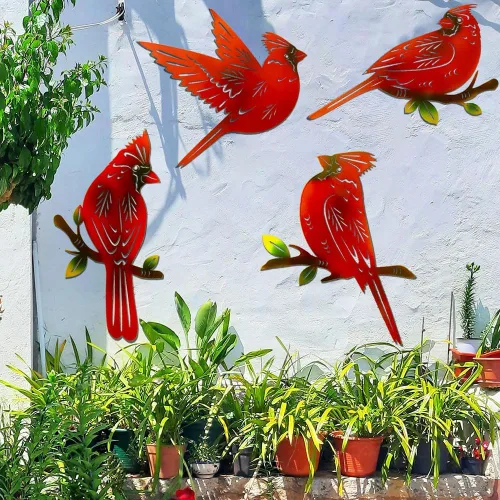Paquete de 4 piezas de arte de pared cardenal de metal, decoración de pájaros de metal 3D, adornos hechos a mano, pájaro rojo ágil, regalos para