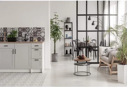 Miniatura 4 de Fondo de fotografía moderno y acogedor para sala de estar, de 5 x 3 pies, sofá limpio y ordenado, fondo de cocina abierta, trabajo en casa