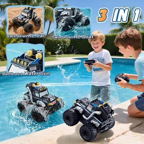 Miniatura 6 de Auto de control remoto anfibio 3 en 1, barco a control remoto/pistola de agua, 2.4 GHz, todo terreno, camiones monstruos impermeables para niños