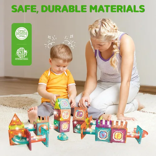 Miniatura 5 de Contixo Juguetes de construcción STEM – Juego de 65 piezas de azulejos magnéticos de mármol 3D para aprendizaje, apilables, juego de bloques