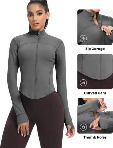Miniatura 95 de AVGO Chaquetas de entrenamiento recortadas para mujer, con cremallera, ajustadas, atléticas, con agujeros para el pulgar