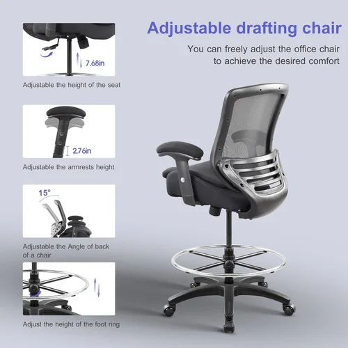 Miniatura 6 de Silla de redacción de malla para computadora, taburete de escritorio de pie con almohada de apoyo lumbar, reposabrazos ajustable en altura y anillo