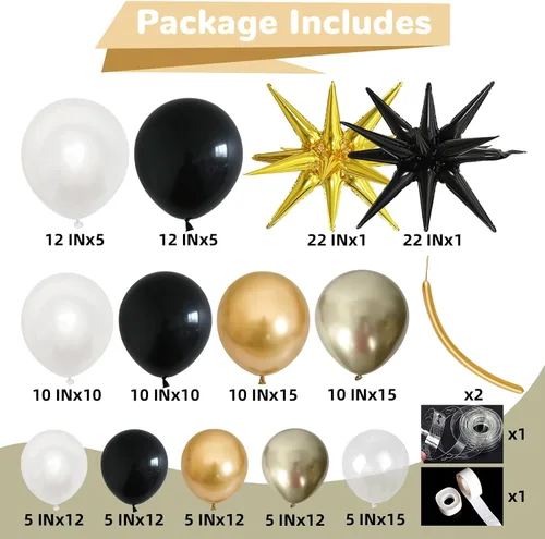 Miniatura 2 de Kit de arco de guirnalda de globos de Año Nuevo, globos de estrella de explosión negros y dorados, globos de estrella de explosión negra perla