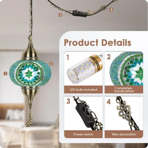 Miniatura 4 de Yarra-Decor Lámpara colgante turca marroquí con cable de 4.5 metros - Exquisita lámpara de techo de mosaico estilo Tiffany para dormitorio, sala