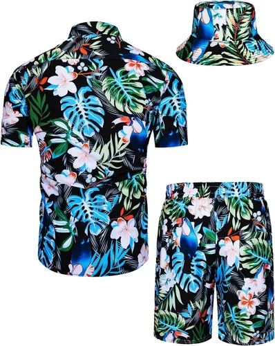 Miniatura 12 de TUNEVUSE Conjunto de camisas y pantalones cortos hawaianos para hombre, 2 piezas, trajes de playa con estampado de flores, traje tropical de verano