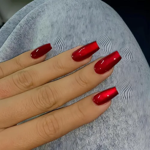 Miniatura 3 de KQueenest Uñas postizas largas a presión con diseño de ojo de gato, cuadradas, medianas, color rojo oscuro con purpurina, ataúd, uñas acrílicas a