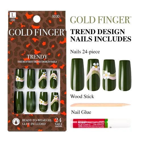 Miniatura 6 de Gold Finger - Kit de uñas postizas de cobertura completa con pegamento, diseño moderno, gel listo para usar, uñas medianas, largas y extralargas