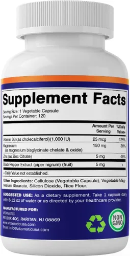 Miniatura 8 de Vitamatic Magnesio (de bisglicinato y óxido) con vitamina D3 y zinc - 120 cápsulas vegetales - Apoya la salud muscular, articulaciones, nervios