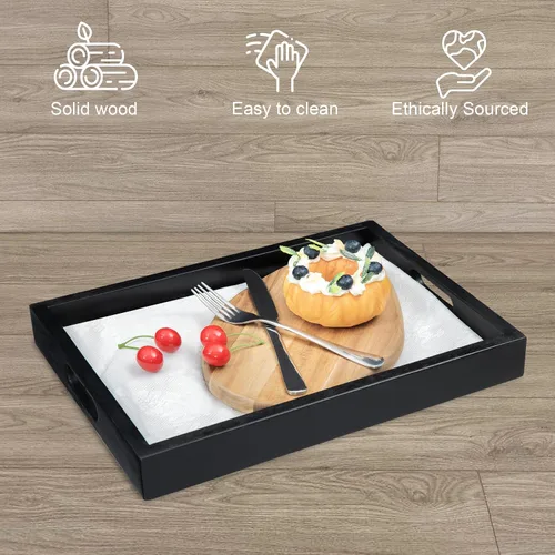 Miniatura 9 de Bandeja rectangular de madera de acacia negra con asas, juego de 2 (15 x 11 pulgadas y 13 x 10 pulgadas), bandeja grande para otomana, desayuno