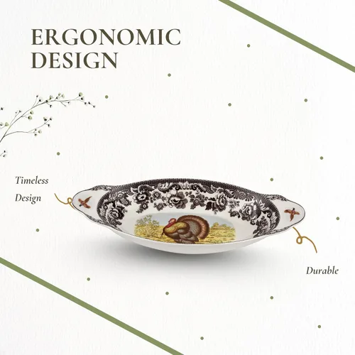 Miniatura 6 de Spode Woodland Bandeja de pan de pavo, plato de porcelana fina, borde floral con motivo de vida silvestre, horno a mesa, redonda de 15.27 x 7