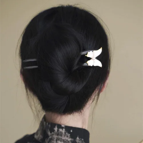 Miniatura 4 de Horquilla de madera hecha a mano – Tenedor de pelo en forma de U con diseño de mariposa de concha natural, pinzas de pelo francés para mujeres