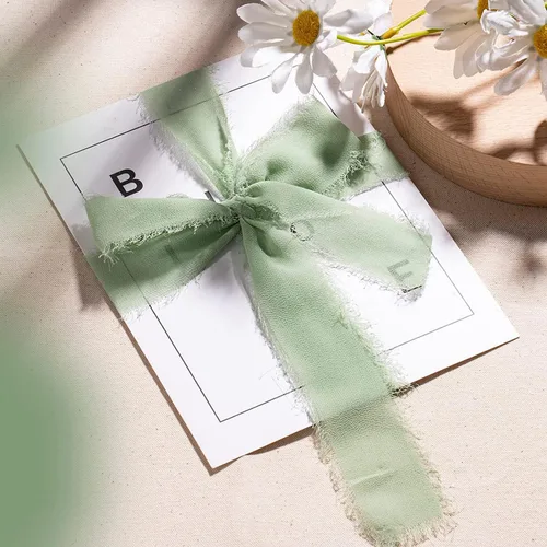 Miniatura 6 de Cinta de gasa, 3 rollos de 21 yardas, color verde salvia, hecha a mano, con flecos, de seda, de 1.5 pulgadas x 7 yardas, juego de cintas