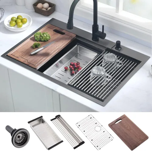 Miniatura 16 de Fregadero de cocina de acero inoxidable de 25 x 20 x 10 pulgadas, con caída en la parte superior, calibre 16, cuenco individual profundo, fregadero