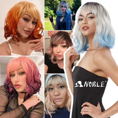Miniatura 7 de NOBLE Peluca Rosa Naranja para Mujeres Peluca Durazno con Flequillo Pelucas Bob Rizadas Ombré con Flequillo de Aire Pelucas Sintéticas Cortas