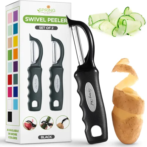 Miniatura 23 de Spring Chef Pelador de verduras giratorio profesional rojo para cocina, peladores de papas de acero inoxidable con mango de agarre suave, perfecto
